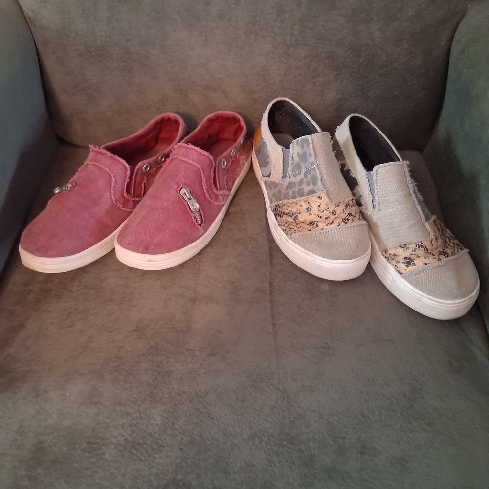 Blowfish Slip-On Flats in Pink and Pair Of Gray Patchwork Animal Print Slip Ons